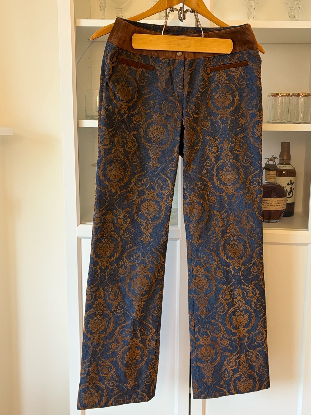 Donna Degnan Blue & Brown Damask Print Straight Leg Pants Size 8 Boho